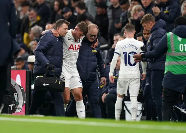 Micky van de Ven and James Maddison are substituted after getting injured while playing for Tottenham