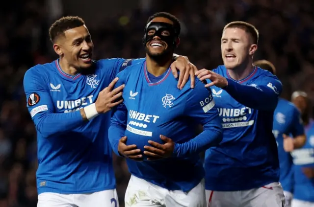 Danilo celebrates scoring for Rangers with James Tavernier and John Lundstram