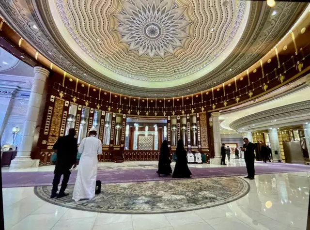 General view of the interior of an ornate lobby-style room