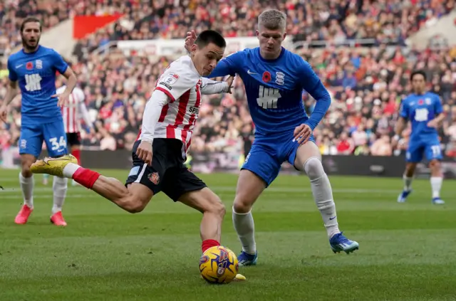 Sunderland's Nazarii Rusyn runs at the Birmingham defence