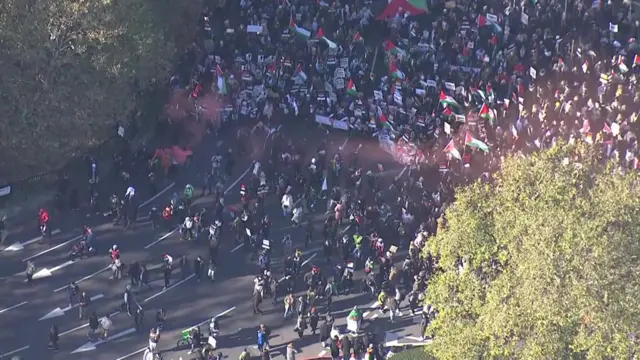 An aerial view of protesters attending a pro-Palestinian march in London