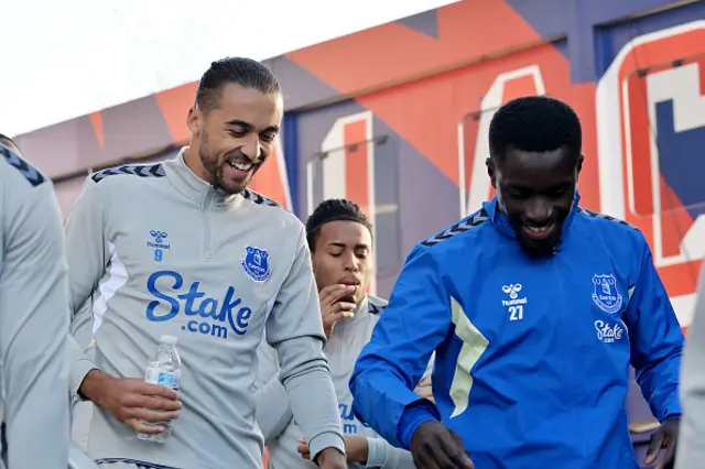 Dominic Calvert-Lewin and Idrissa Gueye smile