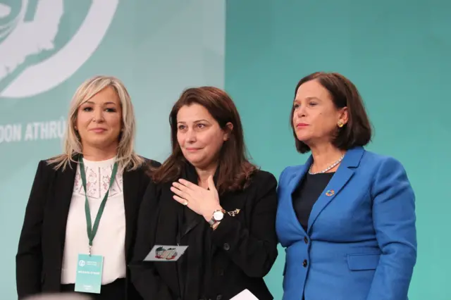 Sinn Féin vice-president Michelle O'Neill, Palestinian ambassador to Ireland Dr Jilan Wahba Abdalmajid and party leader Mary Lou McDonald