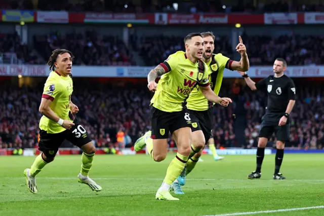 Josh Brownhill of Burnley celebrates with teammates
