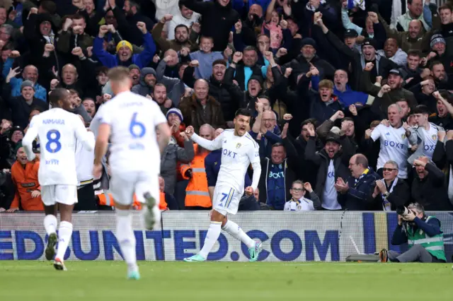 Joel Piroe celebrates scoring for Leeds against Plymouth