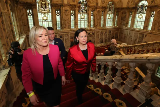 Sinn Fein Vice President Michelle O'Neill (left) and President Mary Lou McDonald at Belfast City Hall as results continue to come in for the Northern Ireland local elections