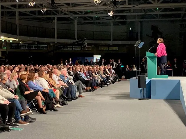 Mary Lou McDonald addressing the party conference from a podium