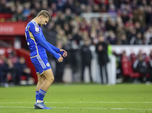 Leicester's Kiernan Dewsbury-Hall reacts to missing a chance at Middlesbrough