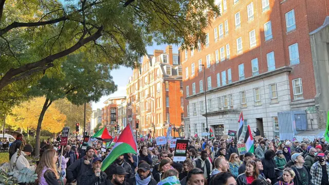 Protestors gather on Vauxhall Bridge Road