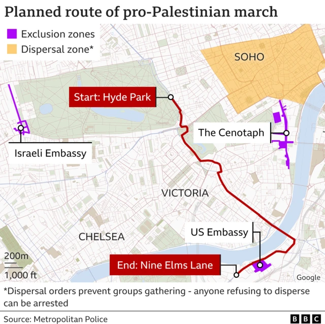 A map of the planned route of a major pro-Palestinian march in central London on 11 November. The route starts in Hyde Park, and heads in a south-east direction, ultimately crossing the Thames before turning south-west and passing the US Embassy. The Cenotaph (on Whitehall) is also marked elsewhere on the map