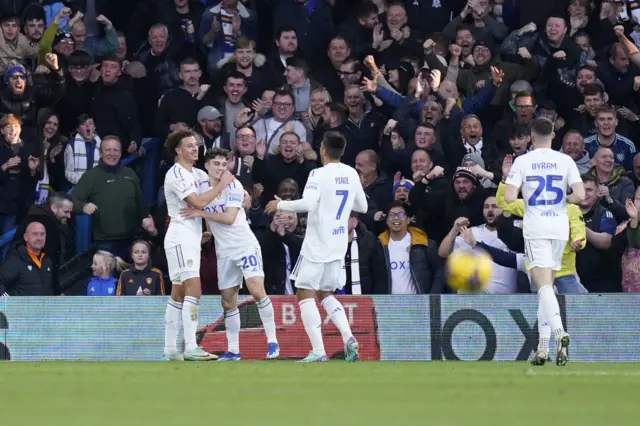 Leeds celebrate Daniel James' goal against Plymouth
