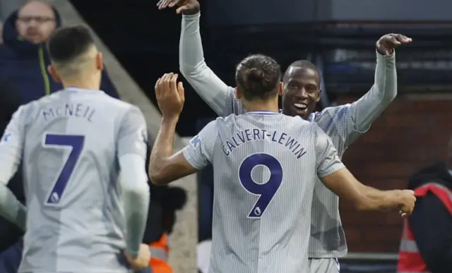 Everton's Abdoulaye Doucoure celebrates scoring their second goal with Dominic Calvert-Lewin