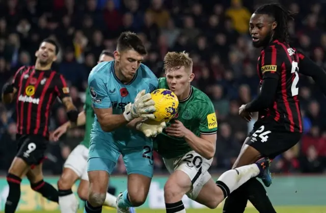 Lewis Hall and Nick Pope clash