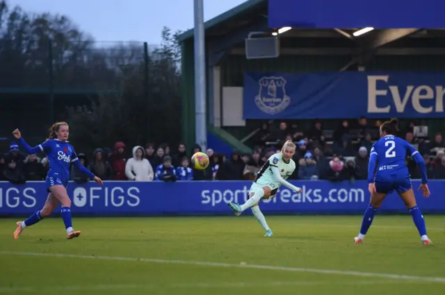 Jones scores the third for Chelsea from 25 yards out as defenders watch helpless.