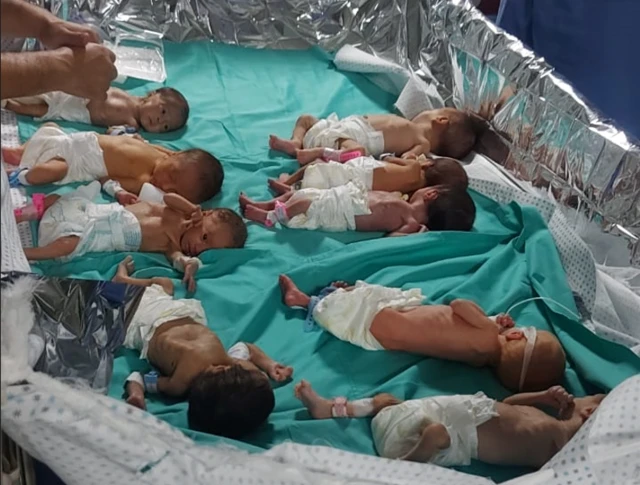 Eight premature newborn babies lying on an adult hospital bed