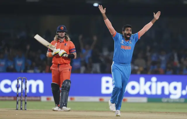 Jasprit Bumrah appeals for an lbw against Max O'Dowd