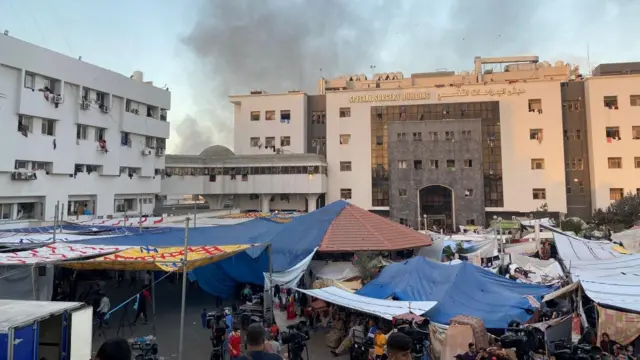 The exterior of Al-Shifa hospital - where tents have been rigged up outside