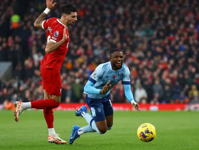 Dominik Szoboszlai in action as Frank Onyeka goes to ground