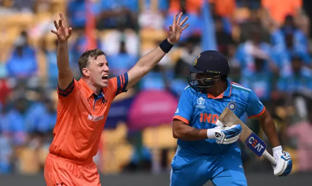 Logan van Beek appeals for the wicket of Rohit Sharma