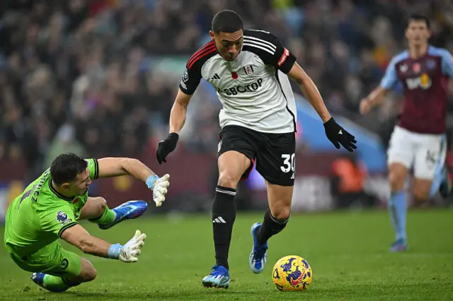 Carlos Vinicius of Fulham on the ball whilst under pressure from Emiliano Martinez