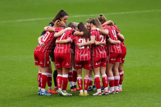 Bristol players gather together before kick off.