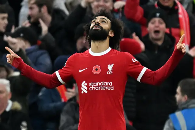 Mohammed Salah points to the sky