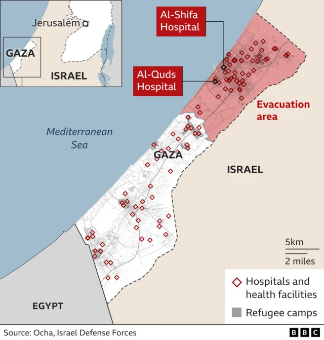 and Al-Shifa hospitals in Gaza City is annotated and the northern parts of Gaza where Israel issued evacuation orders are highlighted red.