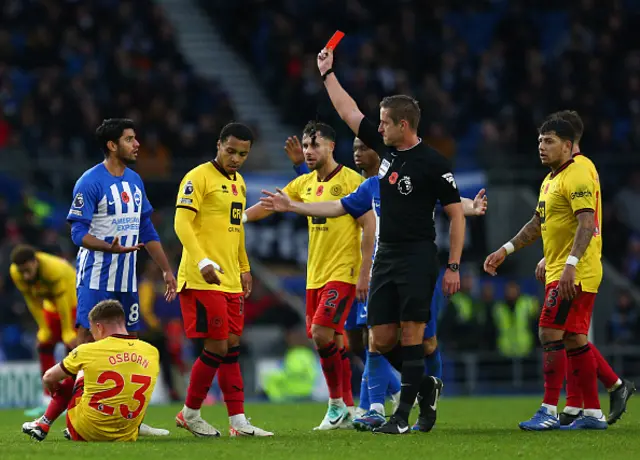 Mahmoud Dahoud of Brighton & Hove Albion receives a red card