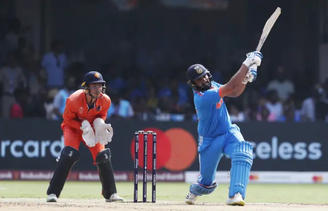 Rohit Sharma plays a shot against the Netherlands