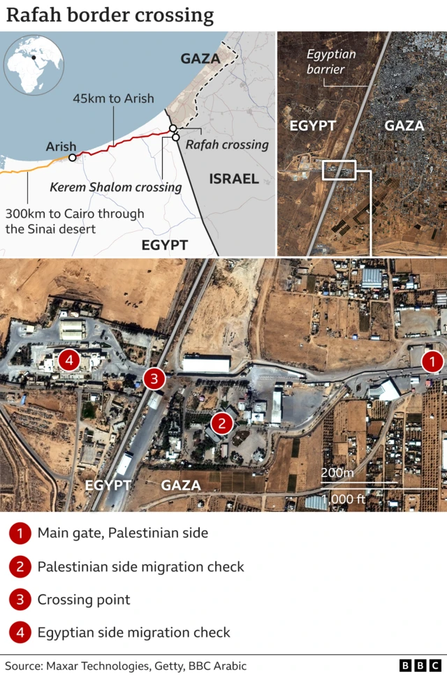 Map shows the location of the Rafah crossing between Gaza and Egypt, with satellite images that show the crossing as well as surrounding buildings