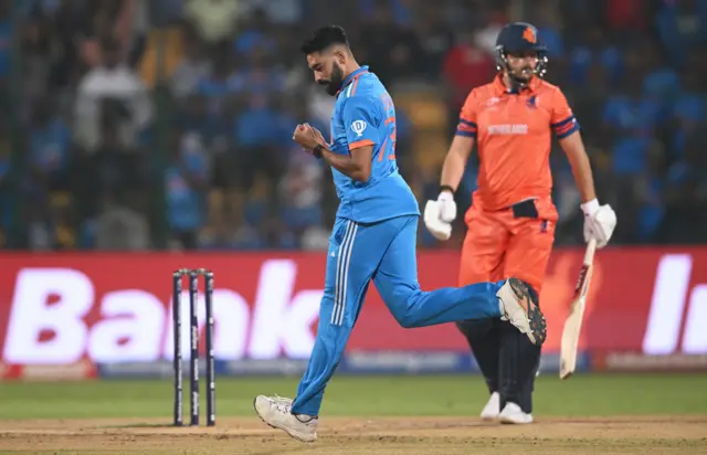 Mohammed Siraj celebrates the wicket of Wesley Barresi