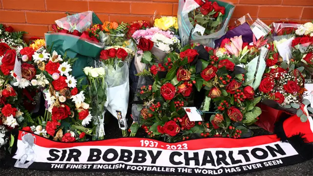 Floral tributes left at Old Trafford for Sir Bobby Charlton's funeral