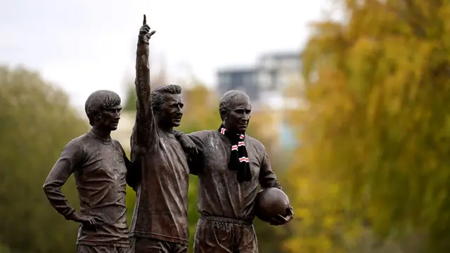 The "Holy Trinity" statue of George Best, Denis Law and Sir Bobby Charlton outside Old Trafford