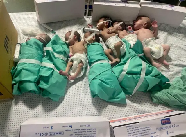 Newborns are placed in bed after being taken off incubators in Gaza's Al Shifa