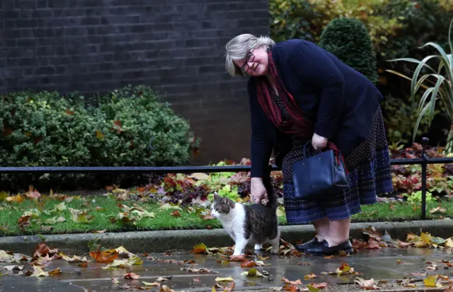 Therese Coffey strokes Larry the cat