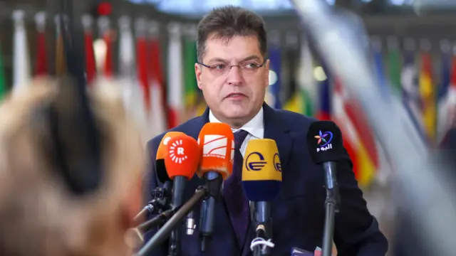 Janez Lenarcic talks to the media at the start of a Foreign Affairs Council meeting in Brussels