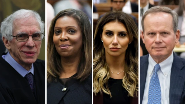 From left: Judge Arthur Engoron, NY Attorney General Letitia James, Alina Habba, Christopher Kise