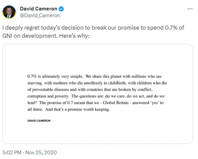 Screenshot of Cameron's tweet about foreign aid