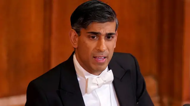 Prime Minister Rishi Sunak speaks during the annual Lord Mayor's Banquet at the Guildhall in central London