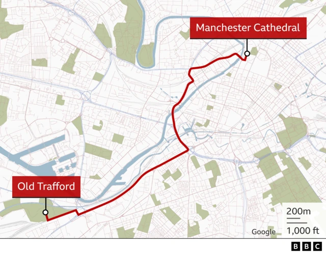 Map of Sir Bobby Charlton funeral cortege route