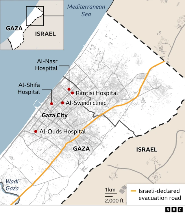 Map showing major hospitals in northern Gaza