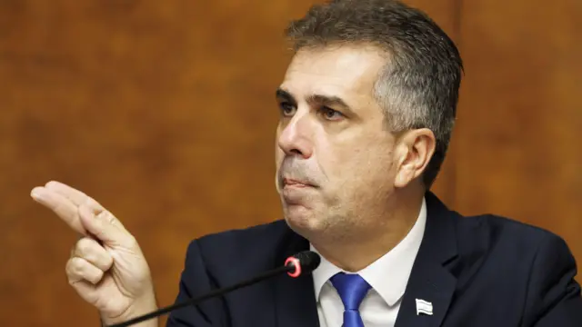 Israeli Foreign Minister Eliyahu Cohen during a press conference about the hostages held in Gaza since the Israel Hamas war, at the European headquarters of the United Nations in Geneva, Switzerland, 14 November 2023.