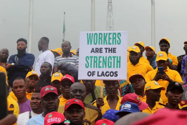 Members of Trade Union Congress (TUC) hold a peace protest over the proscription of Road Transport Employers' Association of Nigeria (RTEAN) by the Lagos State Government, at Alausa, Ikeja, Lagos, Nigeria, on Monday September 25, 2023