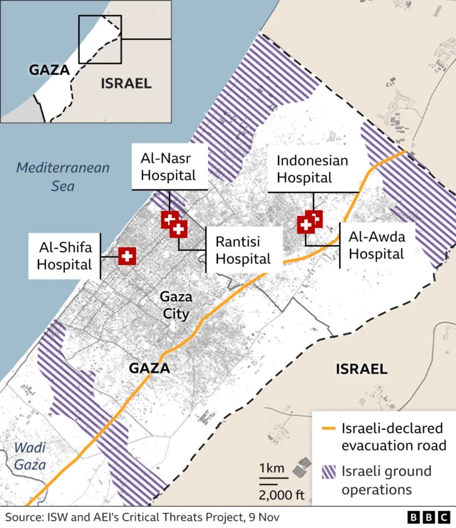 Map showing the main hospitals in northern Gaza. Reports say Israeli foces are operating in the area and there have been explosions inside or near them. Israel has warned civilians still in northern Gaza to head south of the Wadi Gaza along the Salah al-Din Road.