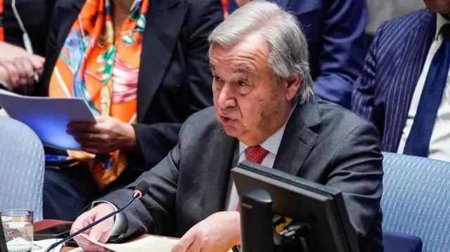 Guterres speaks during a United Nations Security Council meeting