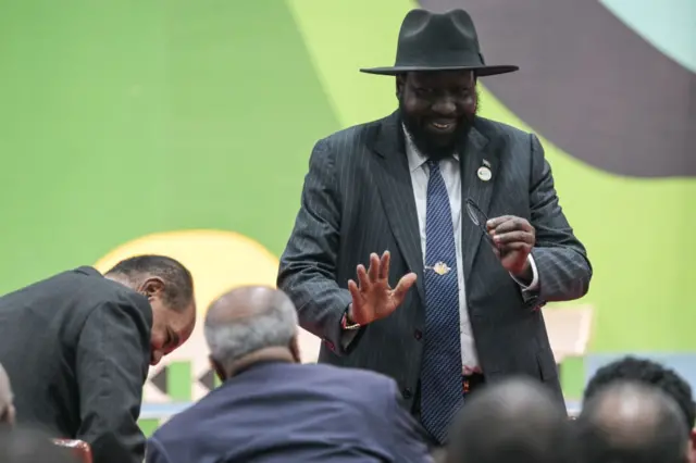 South Sudan President Salva Kiir leaves the podium after he delivered his remarks during the Africa Climate Summit 2023 at the Kenyatta International Convention Centre (KICC) in Nairobi on September 5, 2023.