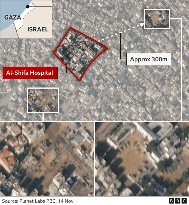 A satellite image of the Al-Shifa hospita. Two zoomed in sections show a close up of what appears to be small clusters of vehicles.