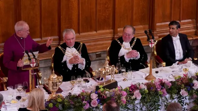 Archbishop of Canterbury Justin Welby (left) speaks at the annual Lord Mayor's Banquet at the Guildhall in central London. Picture date: Monday November 13, 2023.