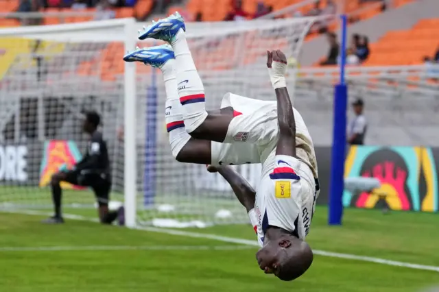 Nimfasha Berchimas of USA celebrates after scoring the team's second goal during the Group E match between USA and Burkina Faso during the FIFA U-17 World Cup at Jakarta International Stadium on November 15, 2023 in Jakarta, Indonesia