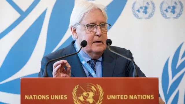 United Nations Under-Secretary-General for Humanitarian Affairs and Emergency Relief Coordinator Martin Griffiths speaks during a press conference on the situation in Gaza, at UN Building in Geneva, on November 15, 2023